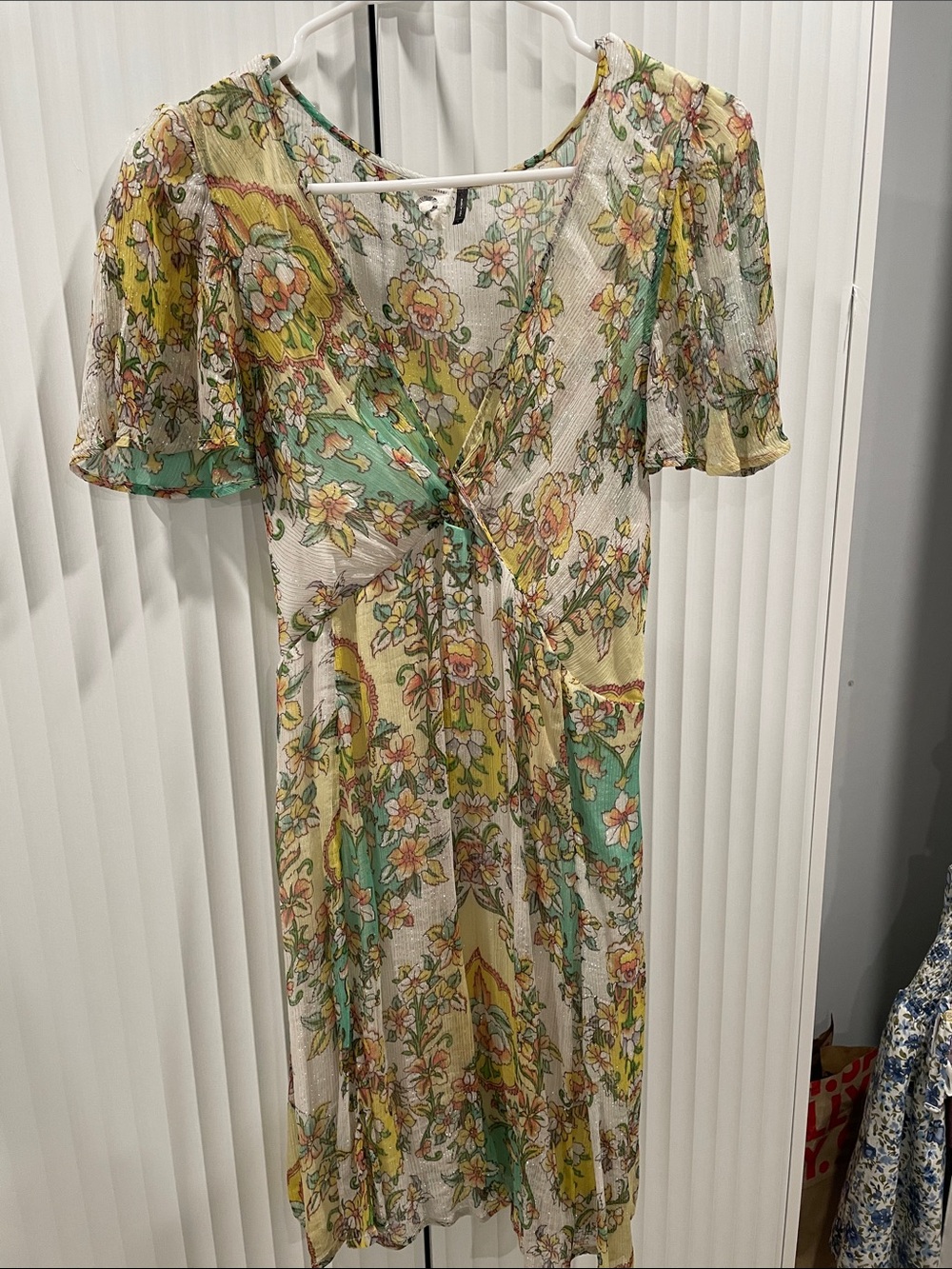 Anthropologie Yellow and Mint Floral Mini Wrap Dress